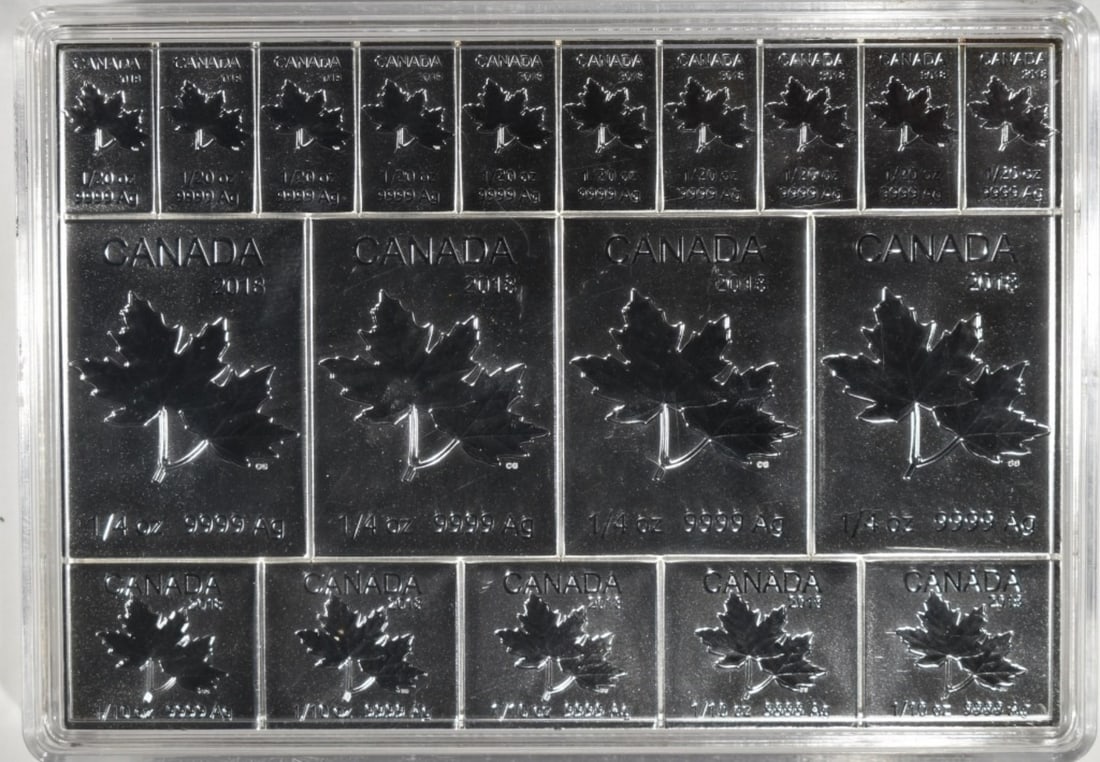 Sheet of Silver in Different Sizes: (10) 1/20oz, (5) 1/10oz, (4) 1/4oz