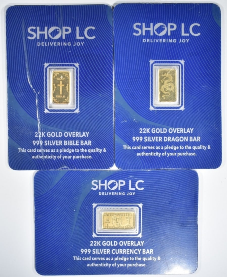 (3) 1 Gram Silver Bars with 22k Overlay: Bid live now!