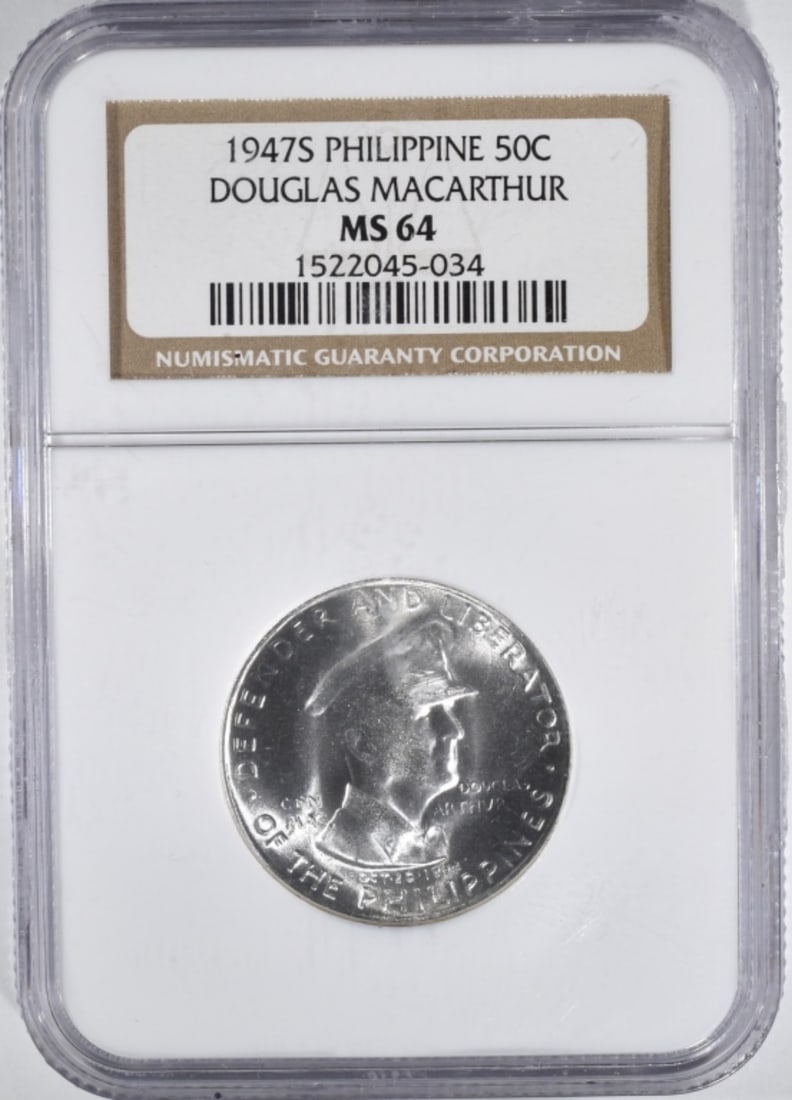1947-S Philippine 50C, NGC MS-64: Douglas Macarthur