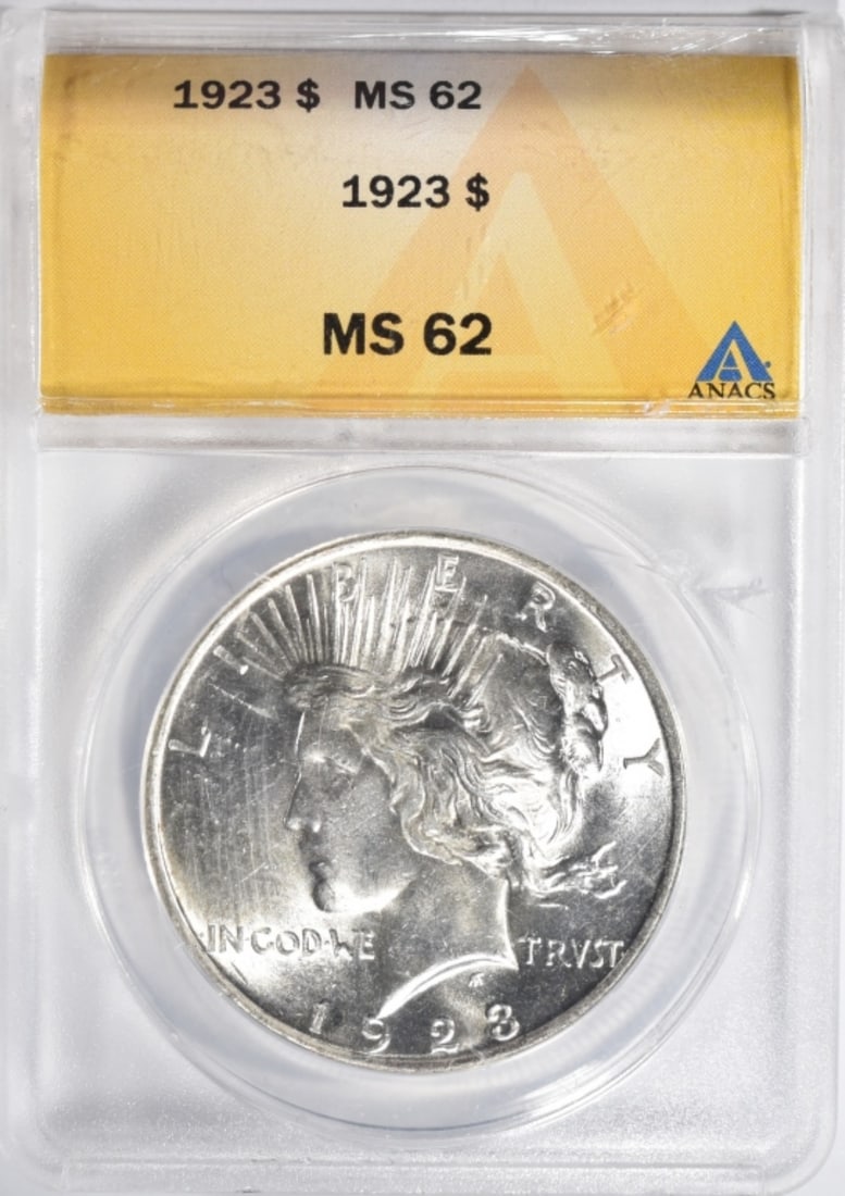 1923 Peace Dollar, ANACS MS-62: Follow us on Facebook, Instagram, X, and TikTok.
