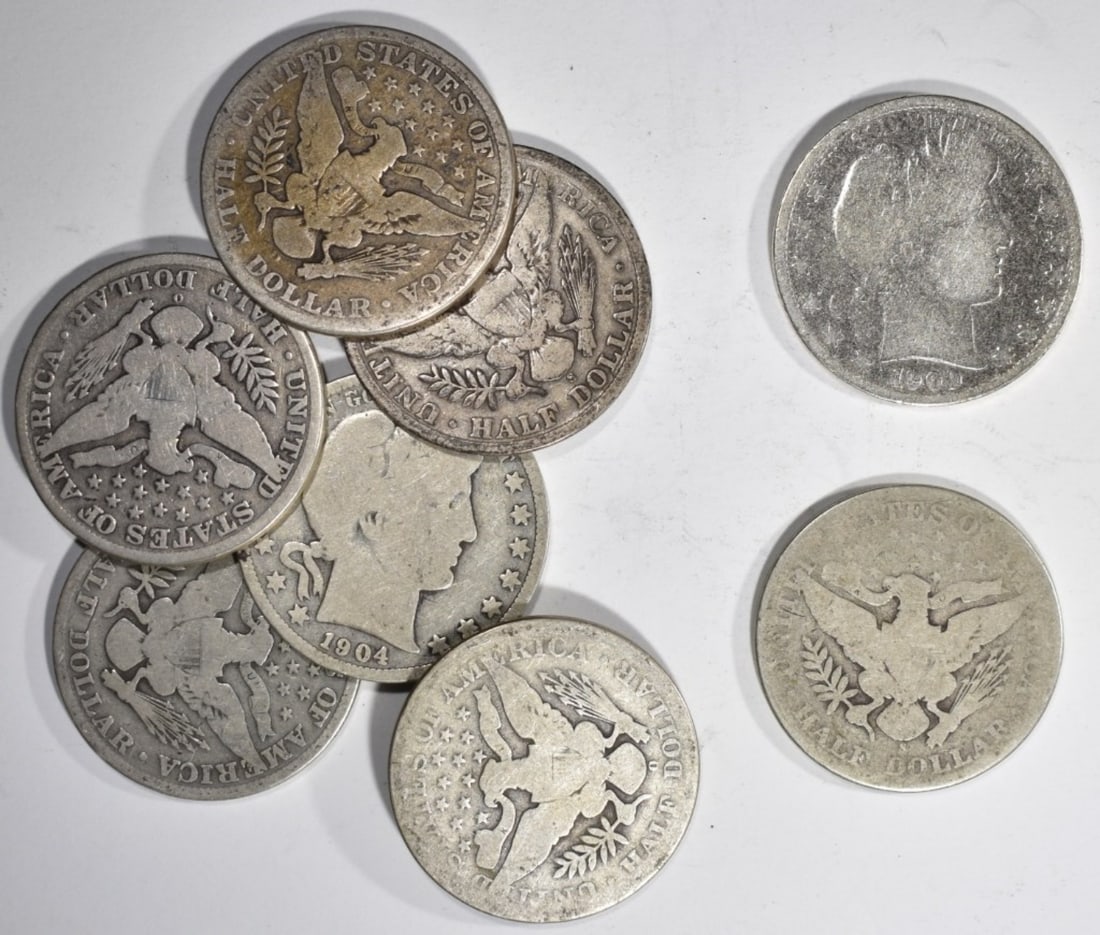 (8) Mixed Date Silver Barber Halves: Circs