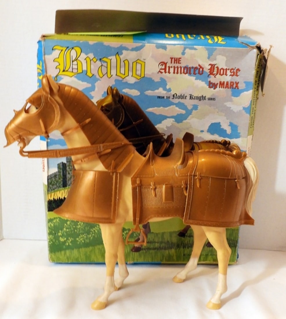 1968 Bravo The Armored Horse By Marx: From the Noble Knight series. Comes with its original box. The box is banged up. Looks to be a complete set