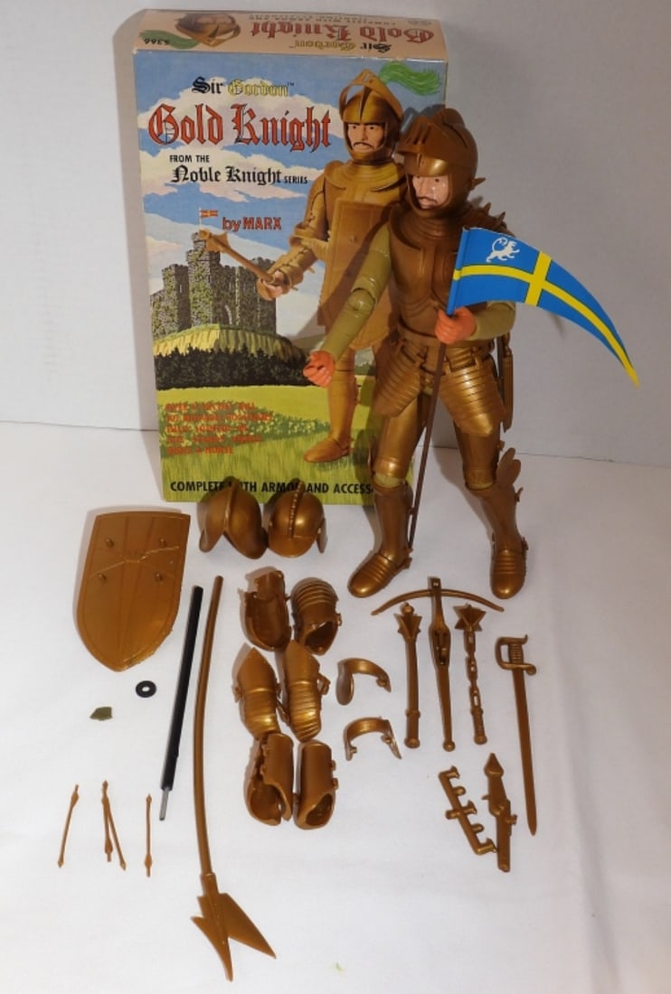 Sir Gordon Gold Knight By Marx 1968: From the Noble Knight Series. Comes with its original box. Looks to be a complete set. The crossbow is broken. Box look to be in nice shape.