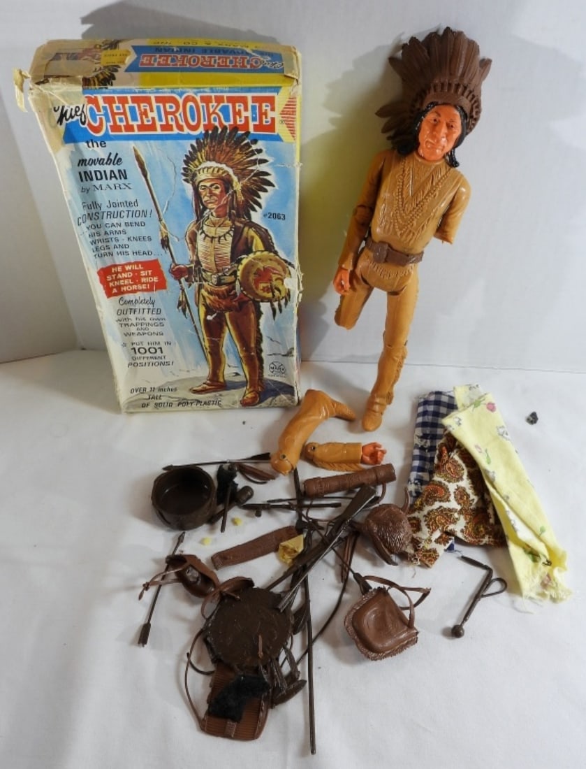 Chief Cherokee The Movable Indian By Marx: 1965 Action figure. It looks like it comes with most of its accessories. Leg and arm is not attached.
