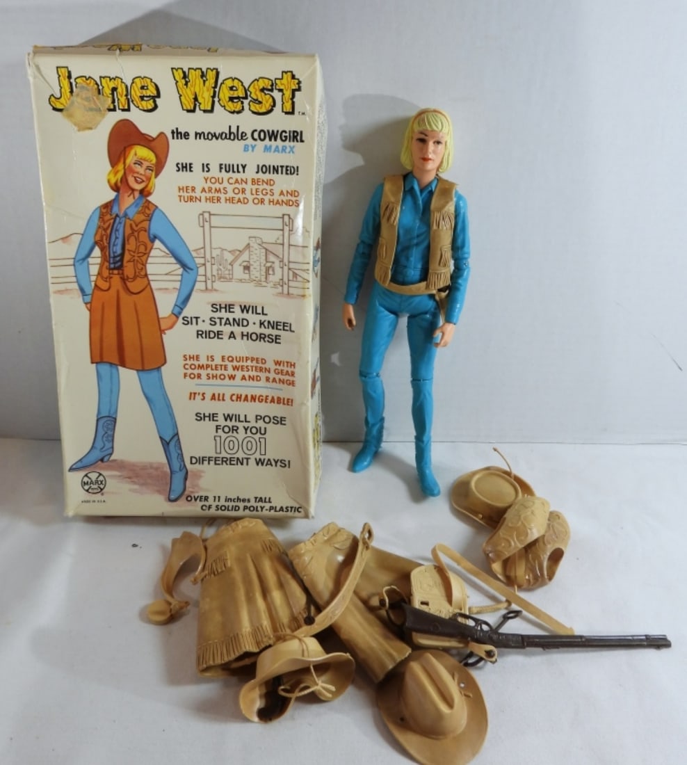 Jane West The Movable Cowgirl By Marx: 1966 comes with accessories. The box is together but falling apart.