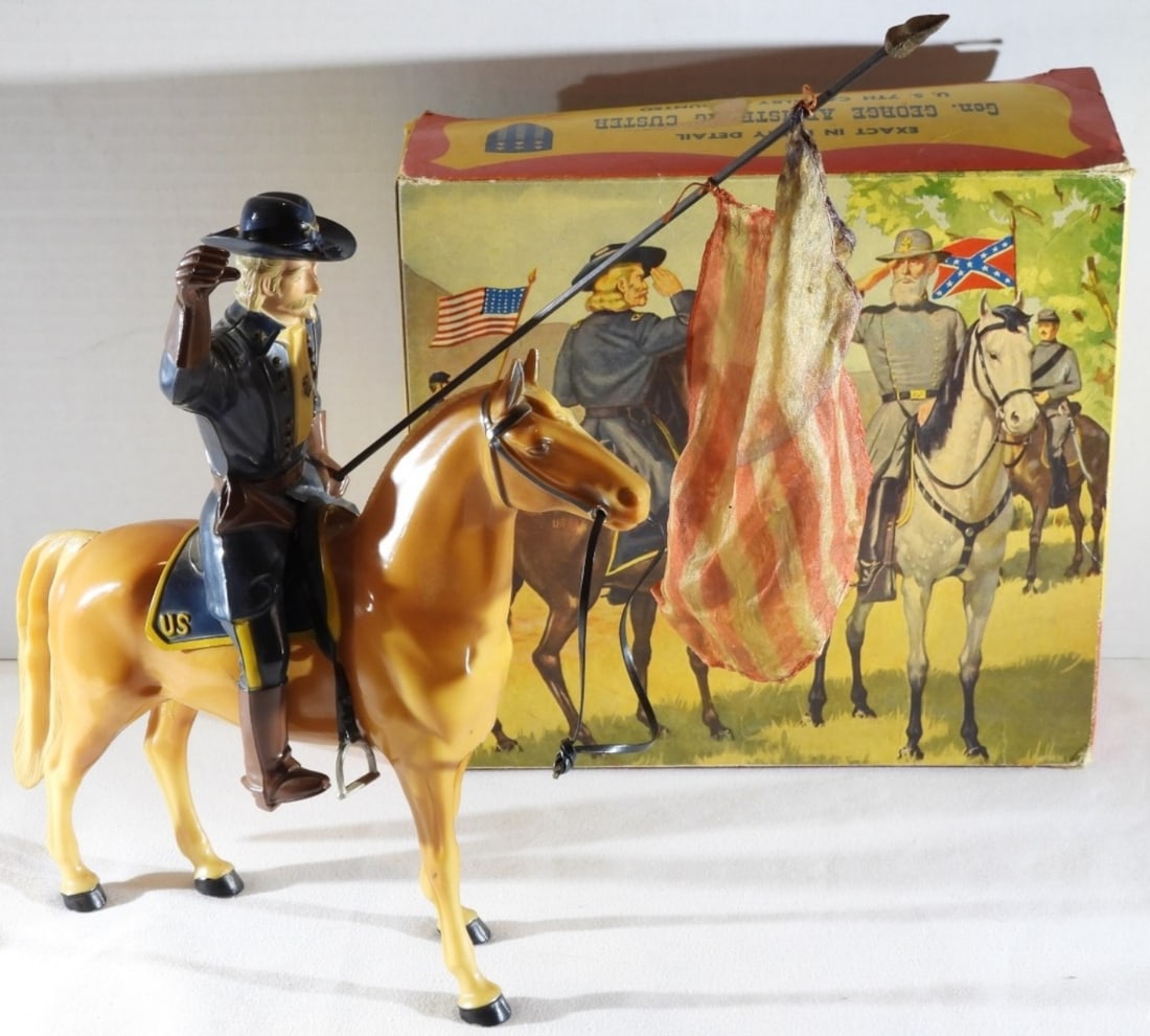 Hartland Gen. George Custer & "Bugler": Everything in box, box is in fair condition. Missing a few spots on the box itself. Worn.