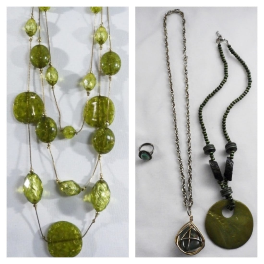 Green Mixed Lot: Sophia & Kate earrings and necklace as well as 2 green stone necklaces and a ring size 6.5