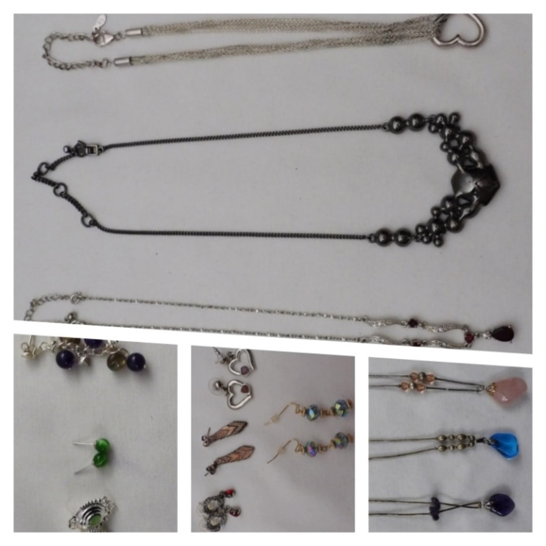 Silver-Tone Necklaces & Earrings: 6 silver-tone necklaces, different lengths and styles, all very pretty, and 9 pairs of earrings