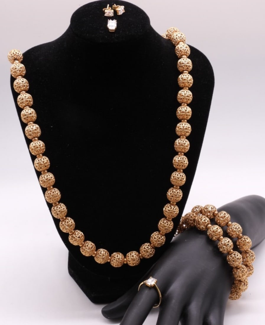 Necklace, Bracelet, Ring & Earrings Set: Gold-tone, beautiful set