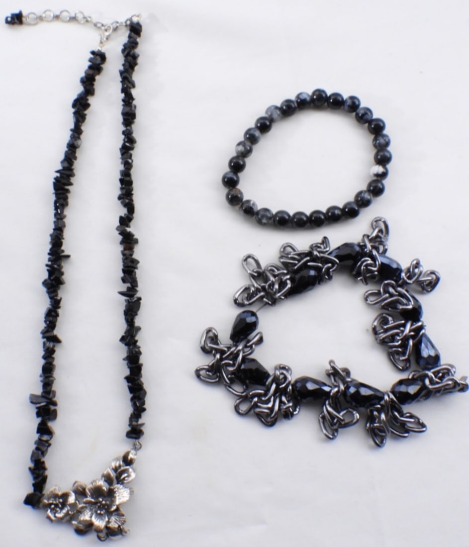 (2) Bracelets & (1) Necklace: Black/Blue necklace and bracelets