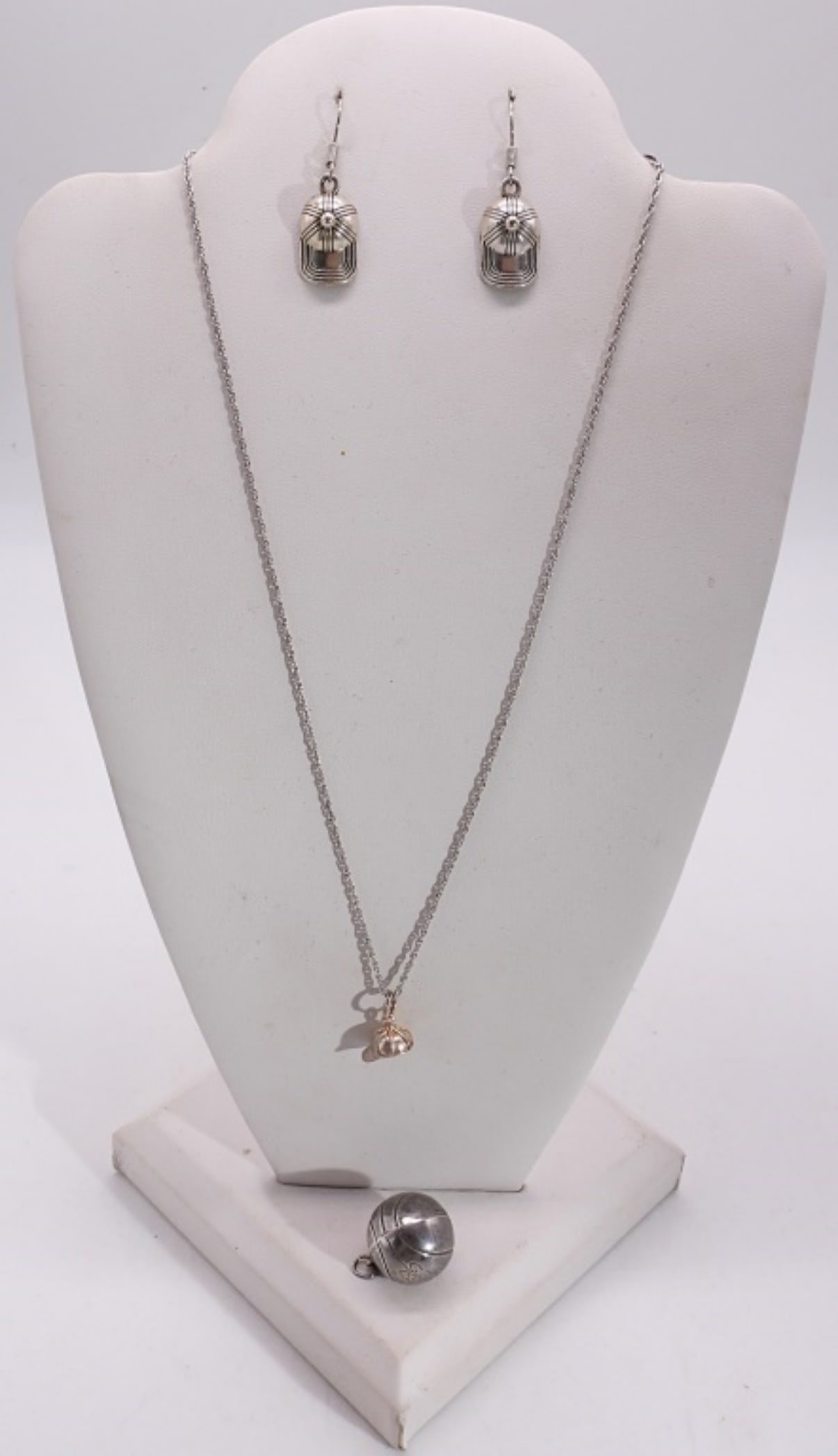 Sports Theme Necklace & Earrings: A pair of dangle earrings with baseball caps, a tiny baseball cap on a Hallmark chain and a basketball pendant