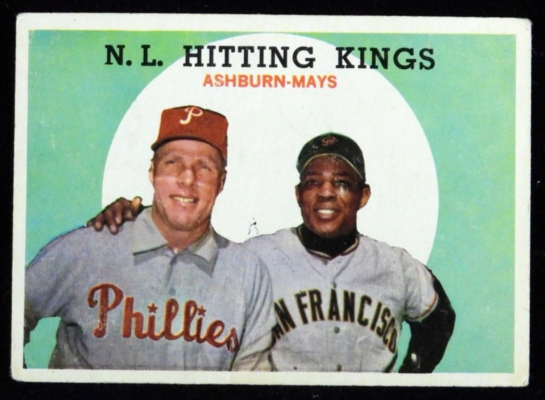 TOPPS Hitting Kings #317 1959: National League Hitting Kings #317 Richie Ashburn & Willie Mays. Ink mark, rounded corners, and creases.