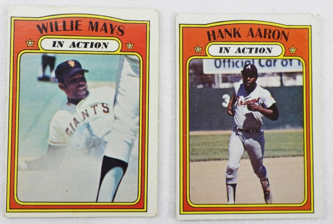 (2) In Action Baseball Cards: 1) Hank Aaron. 2) Willie Mays