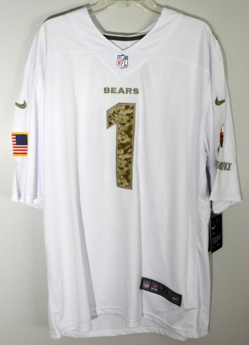 Justin Fields Autograph #1 Bears Jersey Beckett: Comes with a Beckett Witnessed hologram sticker W678215 Signed on 7/17/2023, Chicago, IL. Signed on a Chicago Bears salute to service Jersey. XL new with tags