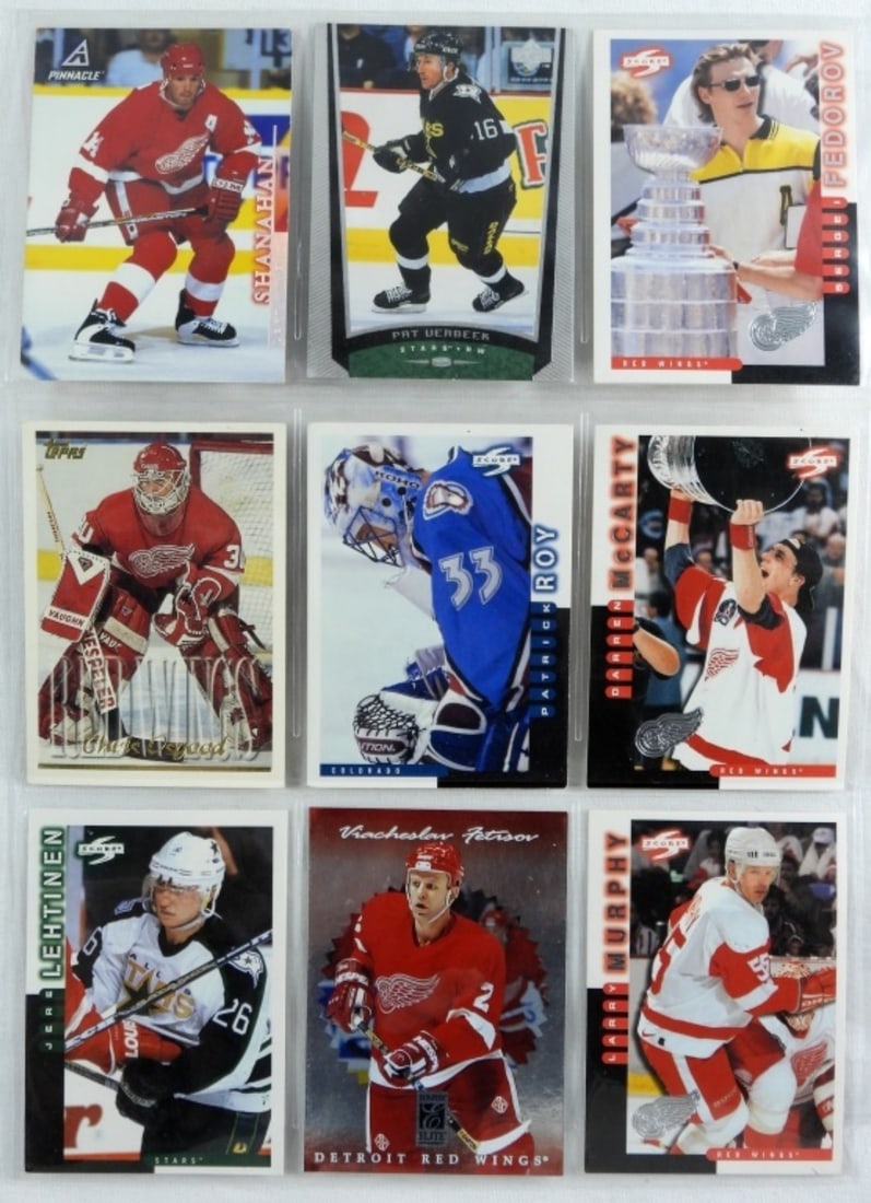 (9) Hockey Player Cards: Good condition. Different players such as Pat Werbeck, Patrick Roy, Jere Lehtinen, Larry Murphy and more