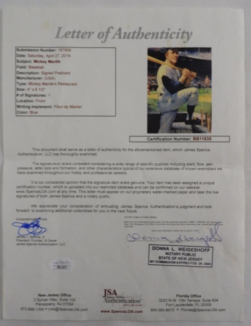 Mickey Mantle Signed Postcard COA - 4