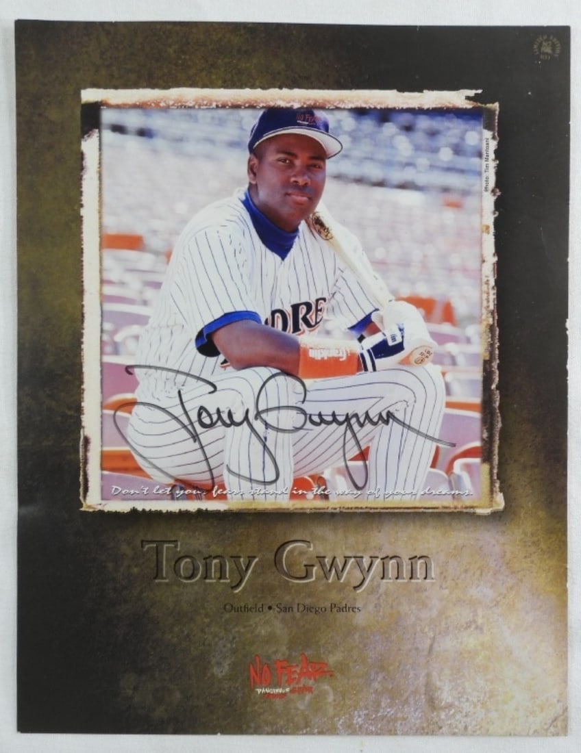 Tony Gwynn Signed Photo: In good condition, some creasing and marks on the photo but nothing severe.