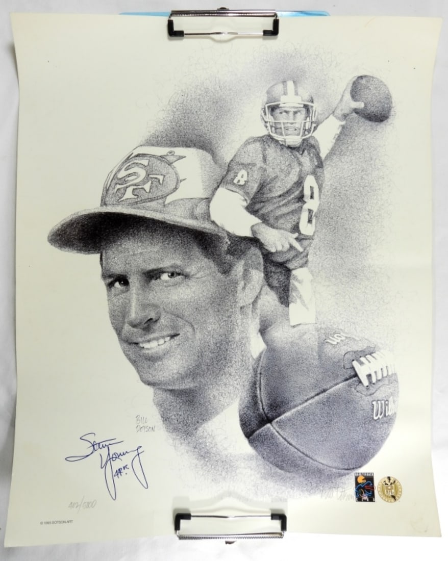 Bill Dotson Steve Young Autograph: Bill Dotson drew Steve Young and Young signed it. In good condition, is rolled up though