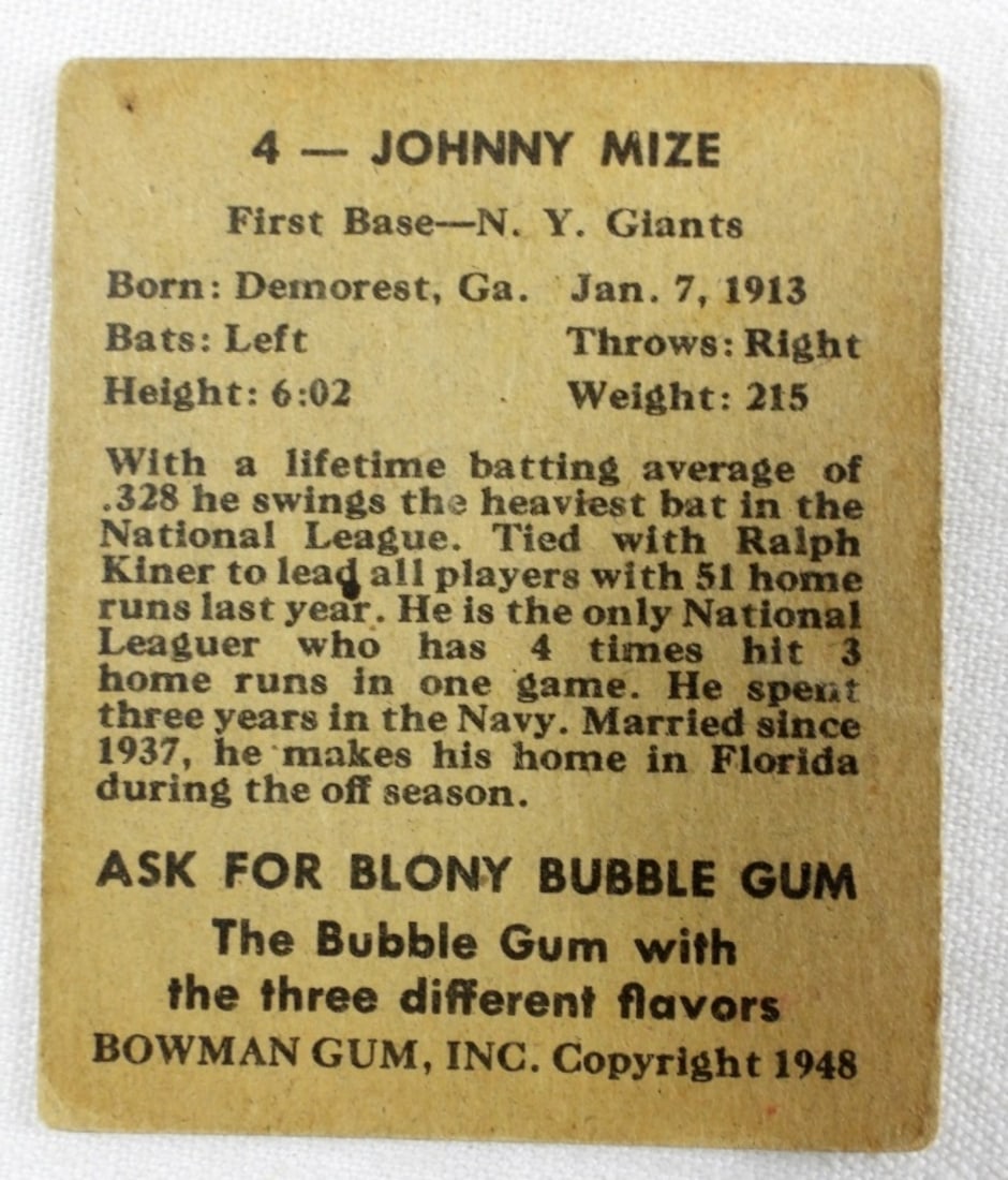 Johnny Mize Bowman 1948 Card - 2