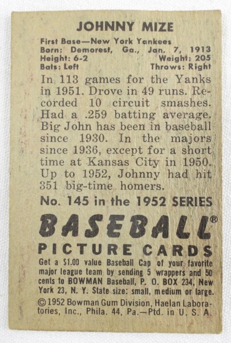 Johnny Mize Bowman 1952 Card - 2