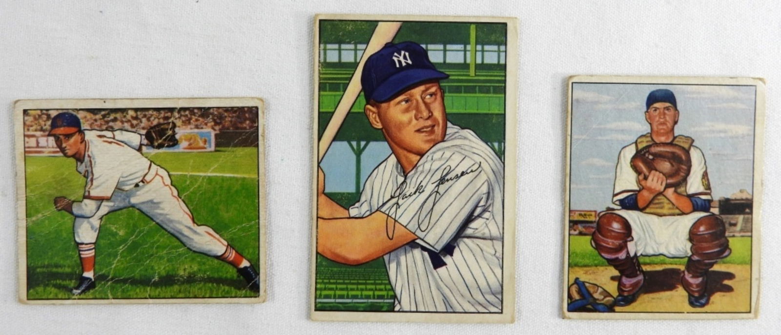 Bowman Gum Cards (3): Howie Pollet, Jackie Jensen and Del Crandell. All in good condition. Pollet has creasing, they all have rounded corners.