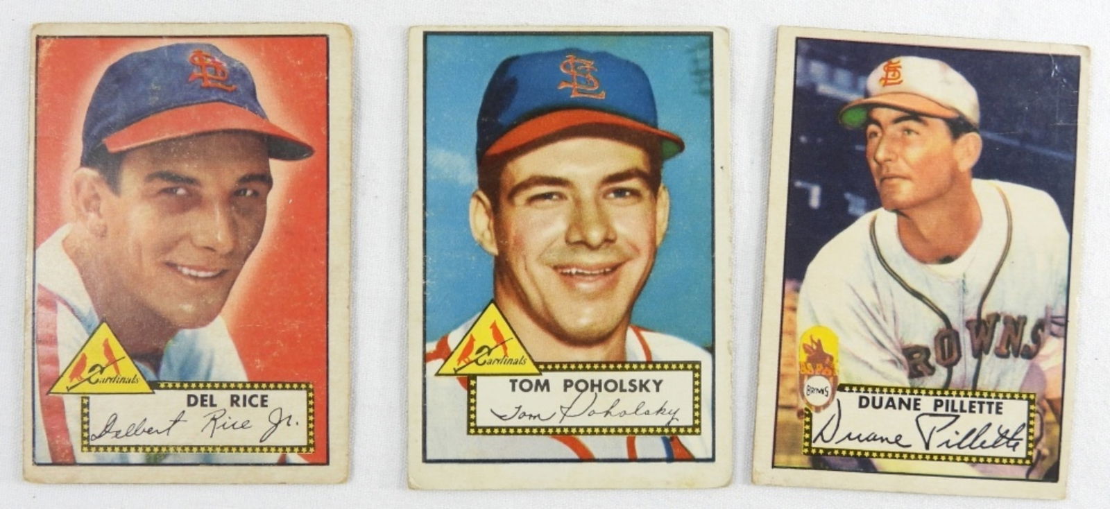 (3) Various Baseball Cards: Del Rice, Tom Poholsky, and Duane Pillette. All in good condition, rounded corners. Some slight creasing but nothing too bad