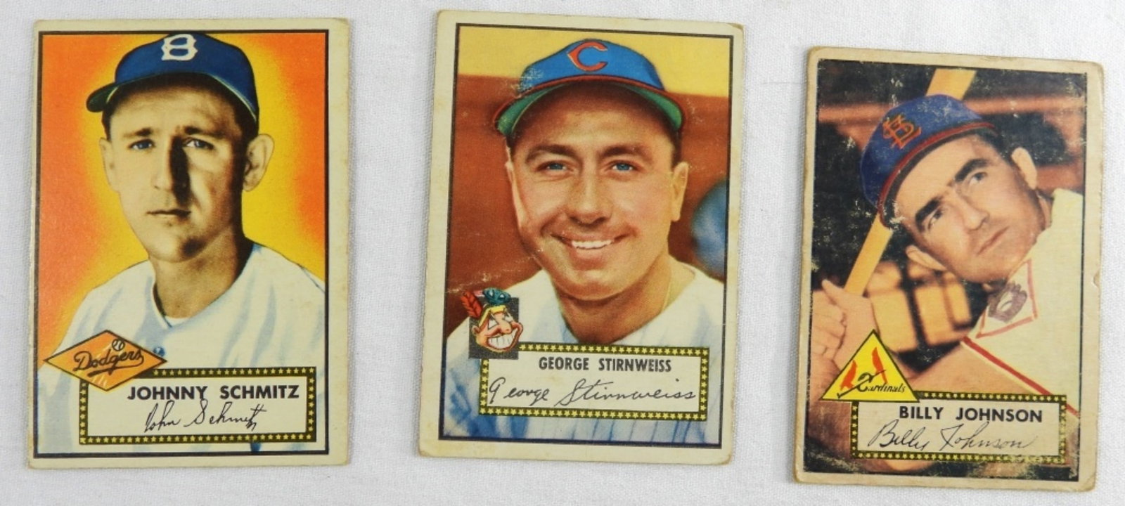 (3) TOPPS Baseball Cards: Billy Johnson, George Stirnweiss and Johnny Schmitz. Some creasing and rounded corners. Fair condition