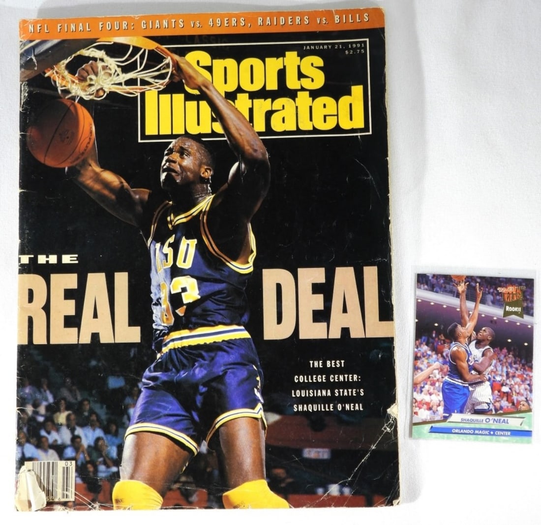 (2) Pc Lot Sports Illustrated & Rookie Card: Jan 21, 1991 issue (Cover has some wear.) Shaquille O'Neal Fleer #328 VG