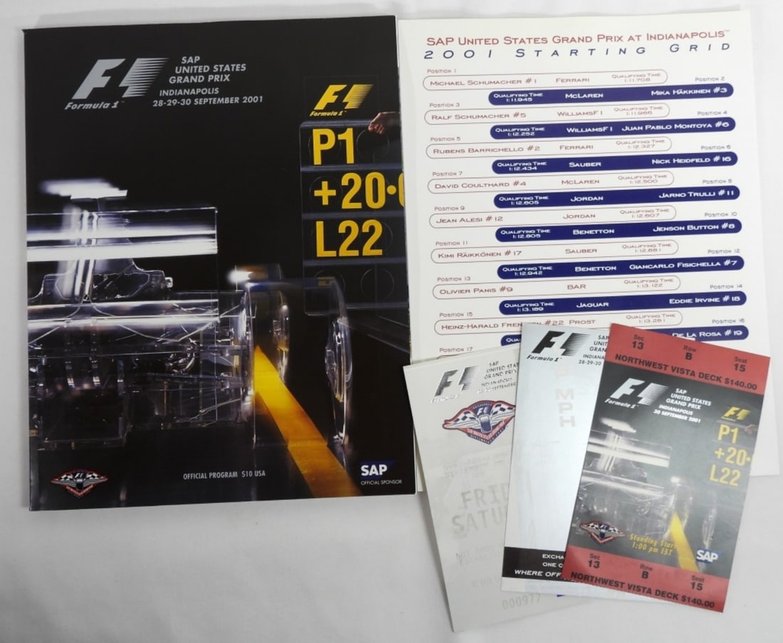 Grand Prix 2001 Memorabilia: Including: Starting grid, Coupon for starting grid, program, ticket stubs, and a clear case to keep it together