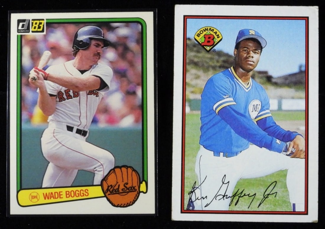 Wade Boggs & Ken Griffey Jr. Cards: 1- Donruss 1982 #586 Wade Boggs. 1- Bowman 1989 Ken Griffey Jr. #220. Both is good condition with rounded corners, scuffed edges