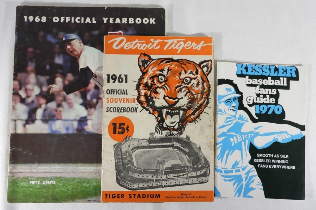 (3) Baseball Booklets: 1) 1968 Tigers Official Yearbook. 2) 1961 Detroit Tigers Official Souvenir Scorebook. 3) Kessler Baseball Fan Guide 1970.