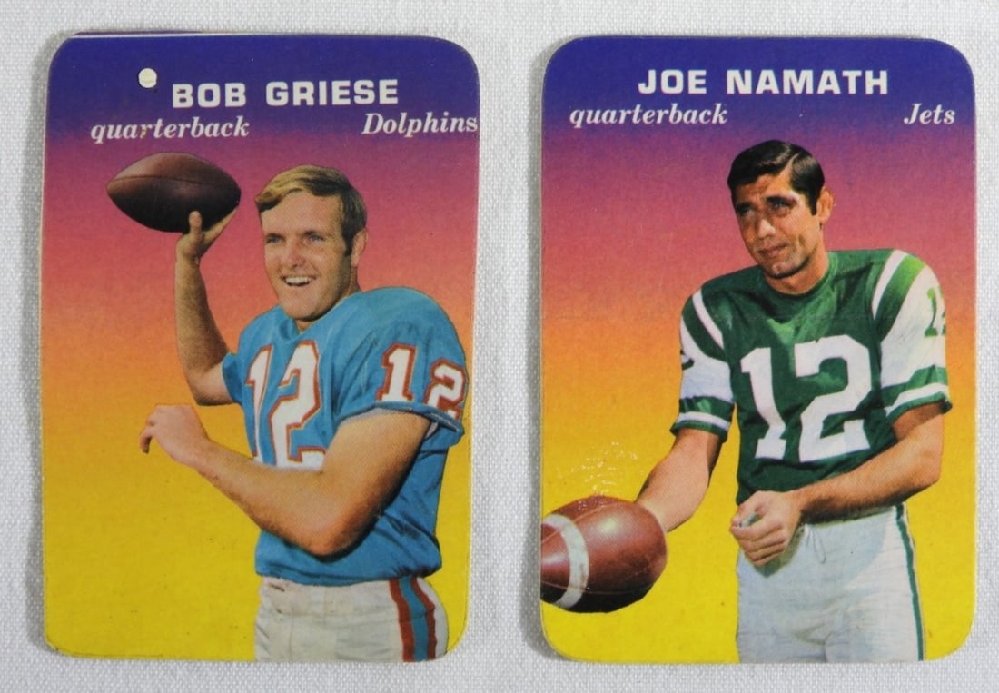 Bob Griese & Joe Namath TOPPS Cards: Both in good condition, laminated & no creasing