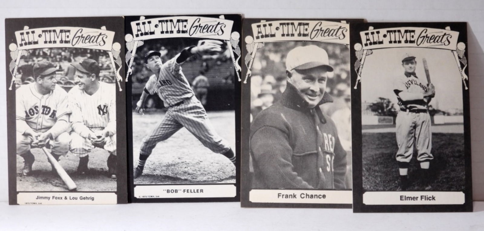 (4) 1973 TCMA ALL Time Greats Postcards: Jimmy Foxx & Lou Gehrig/ Elmer Flick/ Bob Feller/ Frank Chance