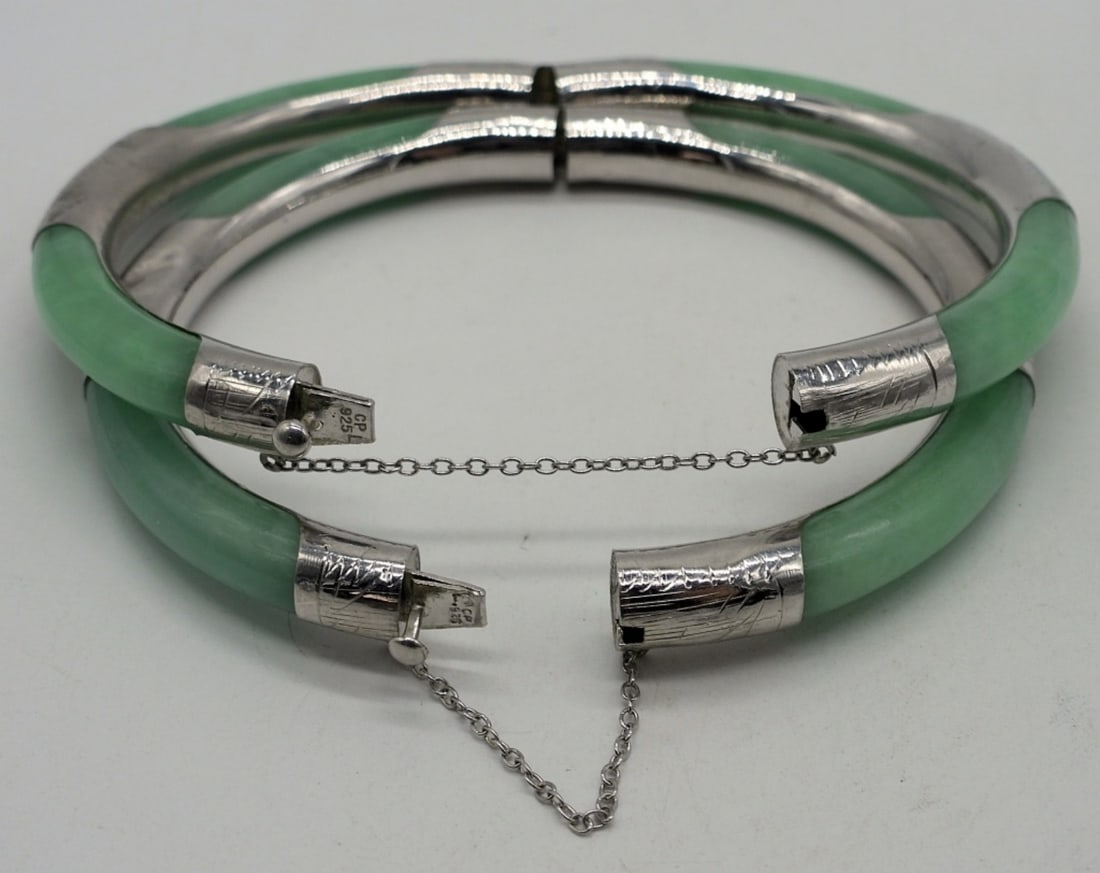 2 Sterling and Jade Hinged Bracelets - 2