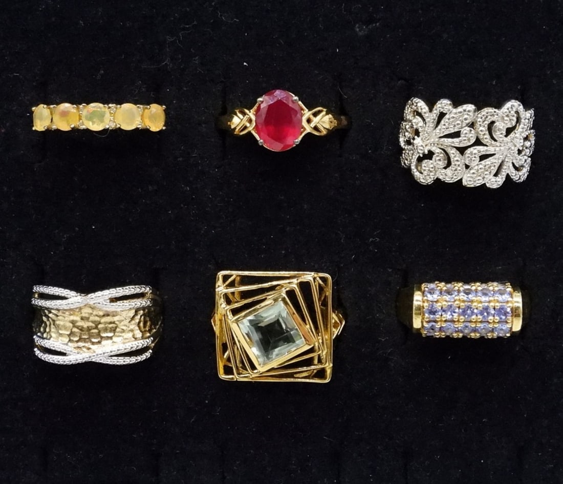6 Gold Tone Sterling Fashion Gemstone Rings (1 of 2)