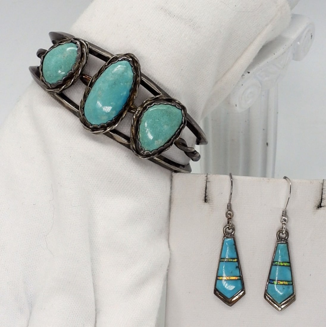 Sterling Turquoise & Opal Bracelet & Earrings (1 of 2)