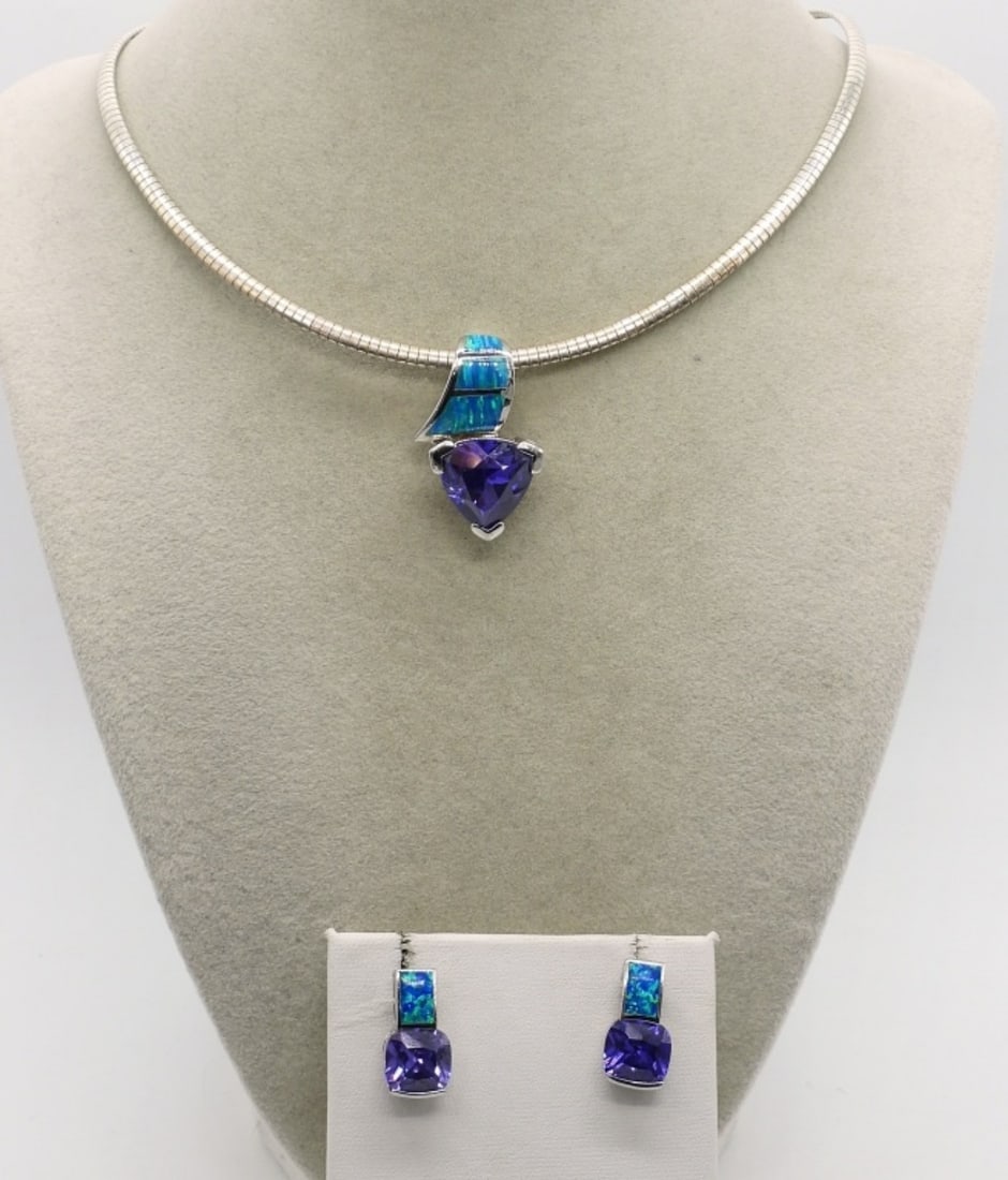 Amethyst & Opal Sterling Necklace Earring Set (1 of 4)
