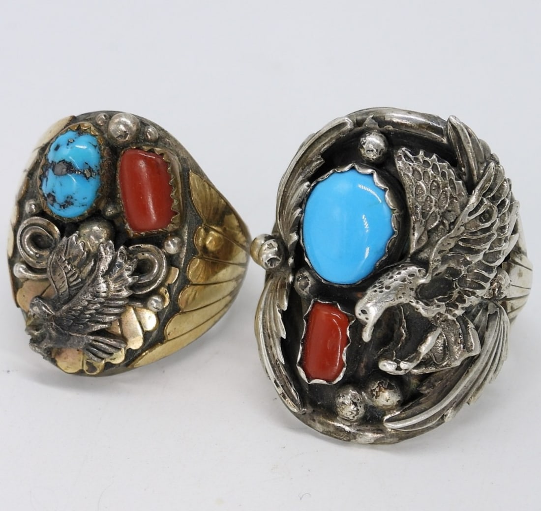 2 Native American 925 Eagle Turquoise Rings - 2
