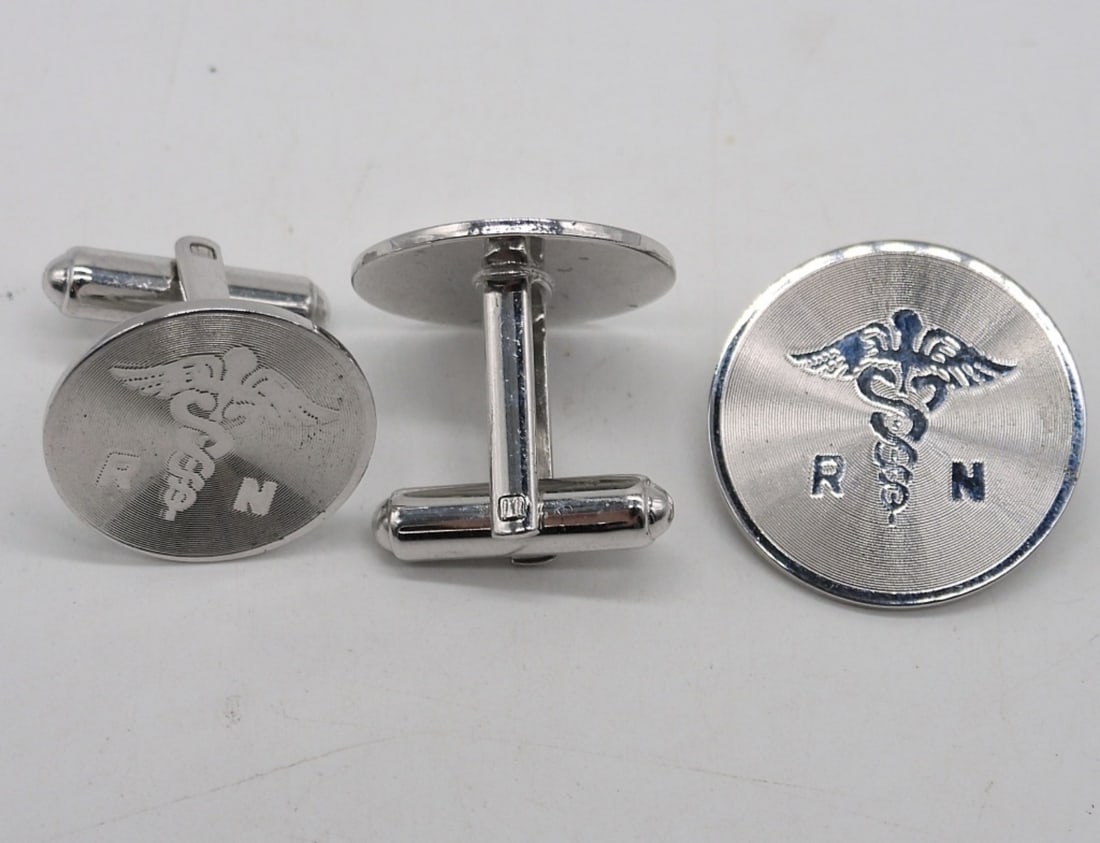 Sterling RN Pin & Cufflinks: Sterling RN (Registered Nurse) pin and cufflinks. (7 dwt)