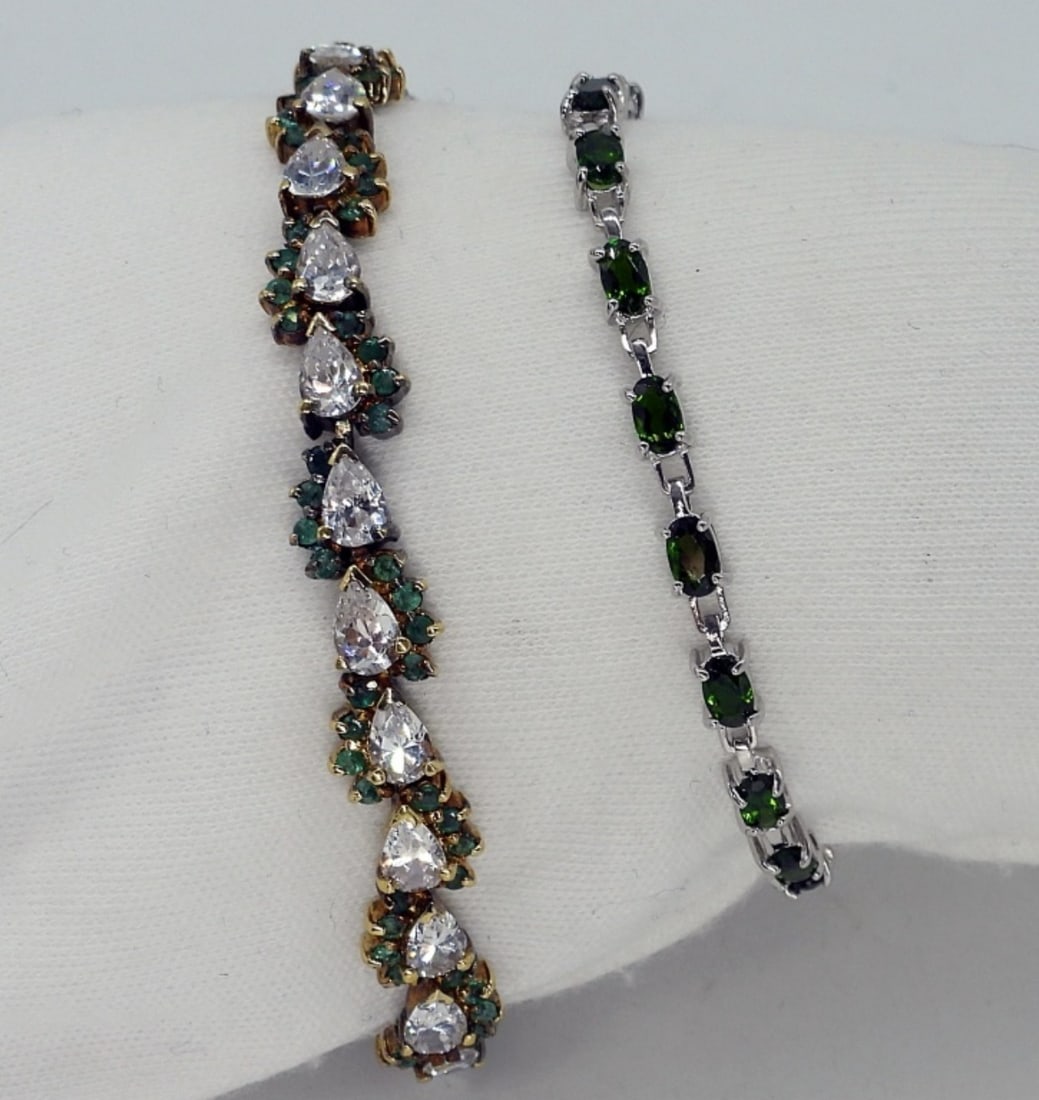 Beautiful Green Sterling Tennis Bracelets: Two beautiful green gemstone tennis bracelets, 6.5" & 7.5" long. (15 dwt)