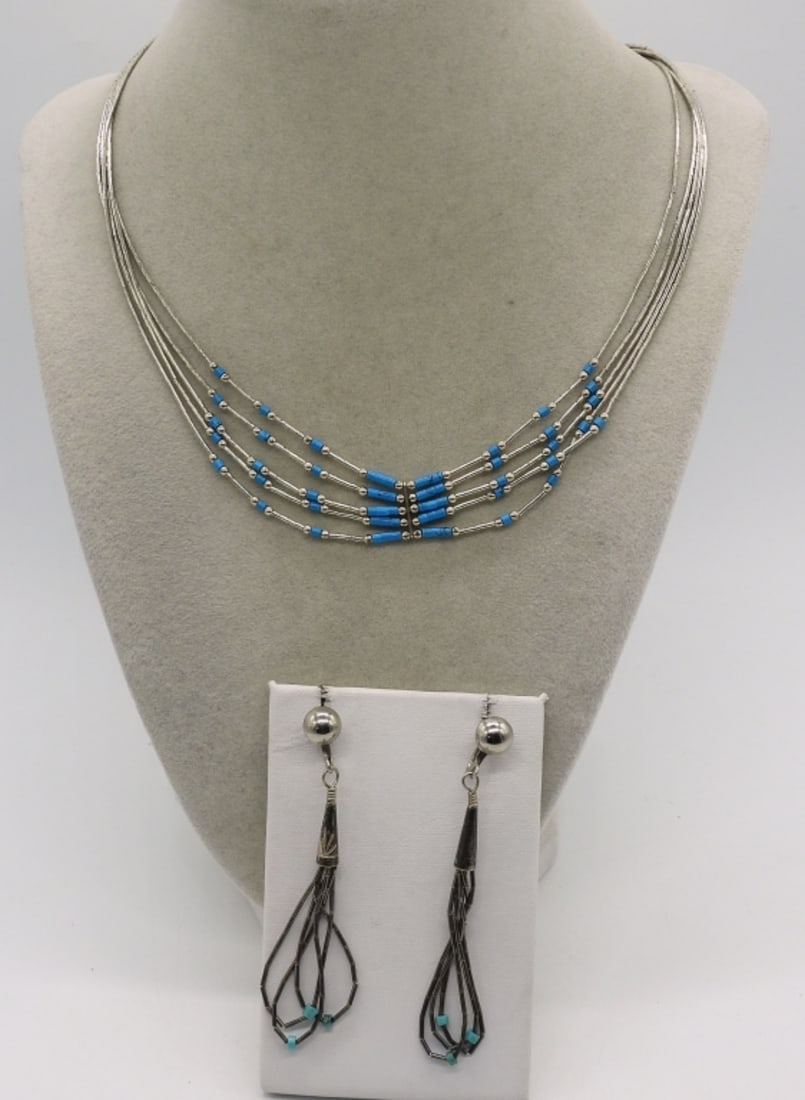 Liquid Sterling & Turquoise Necklace Set: Vintage liquid sterling with turquoise beads. Necklace is 17" long. Earrings are screw back and 3" long. (9.9 dwt)