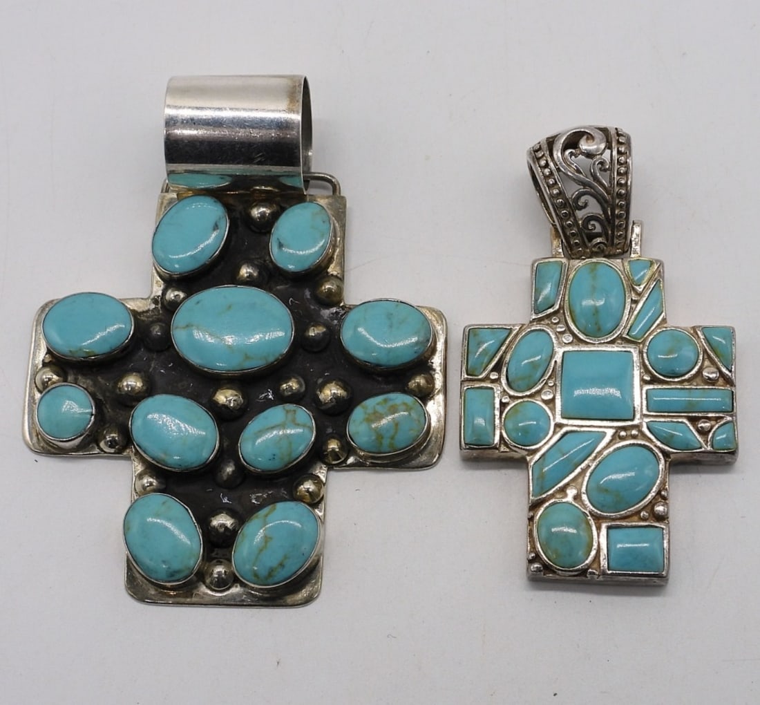 2 Sterling Turquoise Cross Pendants: Two sterling and turquoise cross pendants. 2.5" - 3" long. (18 dwt)
