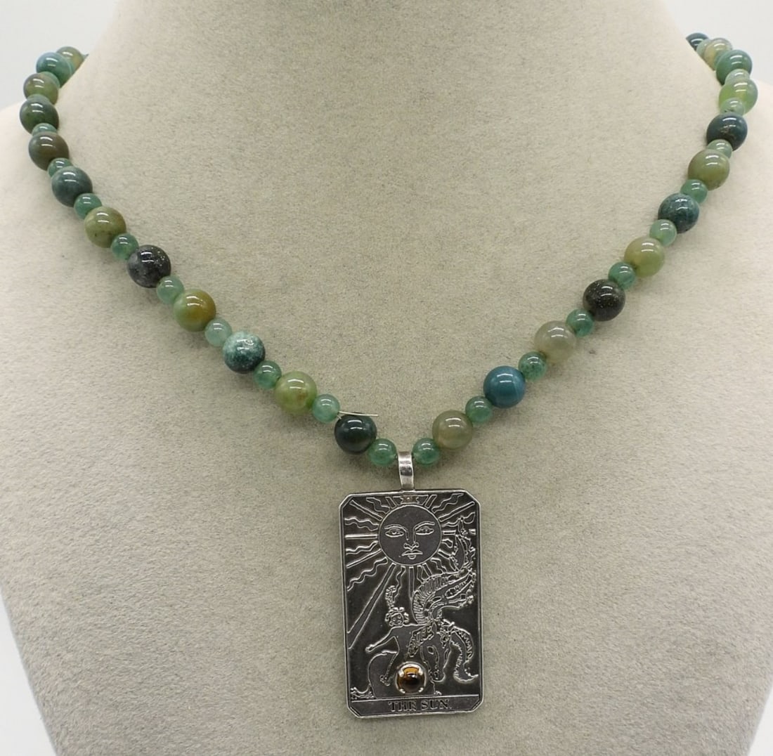 Sterling Tarot Pendant on Moss Agate Chain: "The Sun" sterling tarot pendant (1.5" long) on a Moss Agate necklace (18" Long) with toggle clasp. (9.5 dwt)