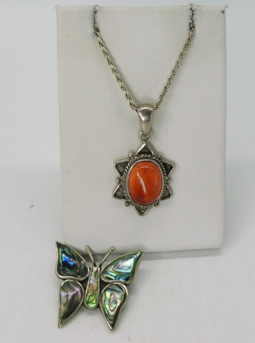 Spiny Oyster Necklace & Abalone 925 Pin: Beautiful orange spiny oyster shell pendant on a 24" sterling chain. Abalone butterfly sterling pin, 1 1/4". (14.1 dwt)
