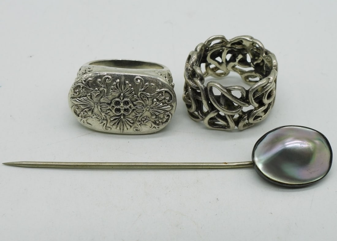 Mother of Pearl 925 Stick Pin & Rings: Vintage sterling mother of pearl stick pin and two fashion sterling rings, sizes 7 & 8. (16.4 dwt) (6x4x2)