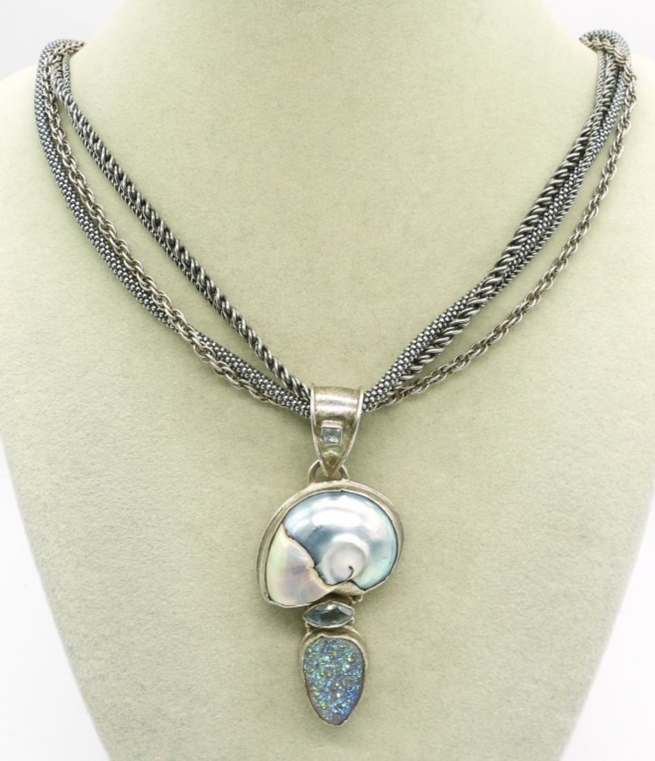 Silpada 3 Chain Necklace & Large Pendant: Silpada sterling 3 strand necklace, 8" long. Seashell & Druzy sterling pendant, 3" long. (28 dwt) (6x4x2)
