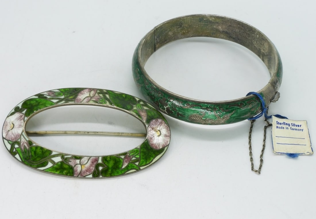 Enameled 925 Bracelet & Shawl Pin: Vintage sterling enameled bangle bracelet with siam design. Marked" Sterling Silver 925", old tag attached "Made in Germany". Sterling enamel shawl brooch, 3"x2". (30 dwt)