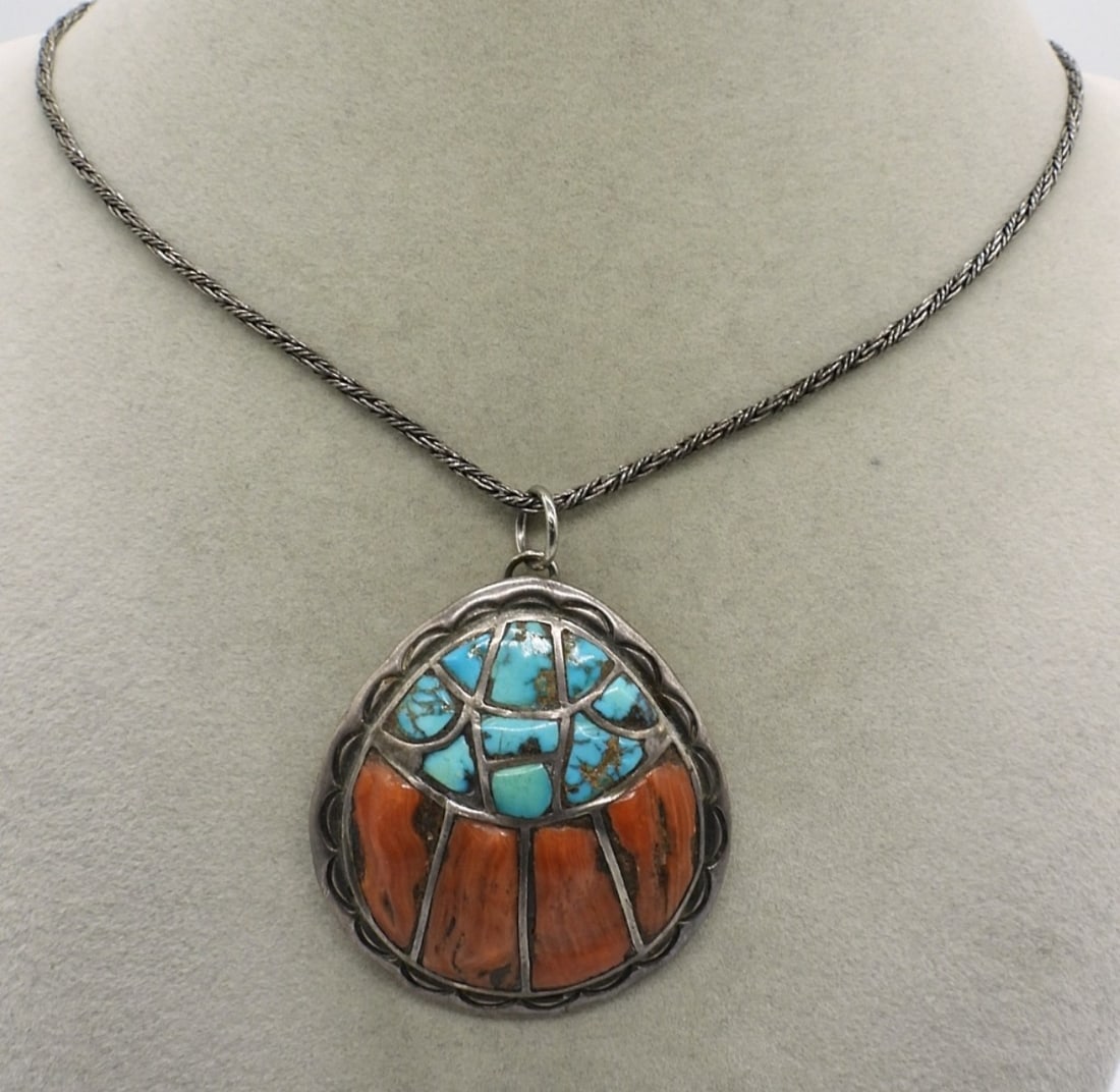 Turquoise & Coral 925 Native Necklace (1 of 3)