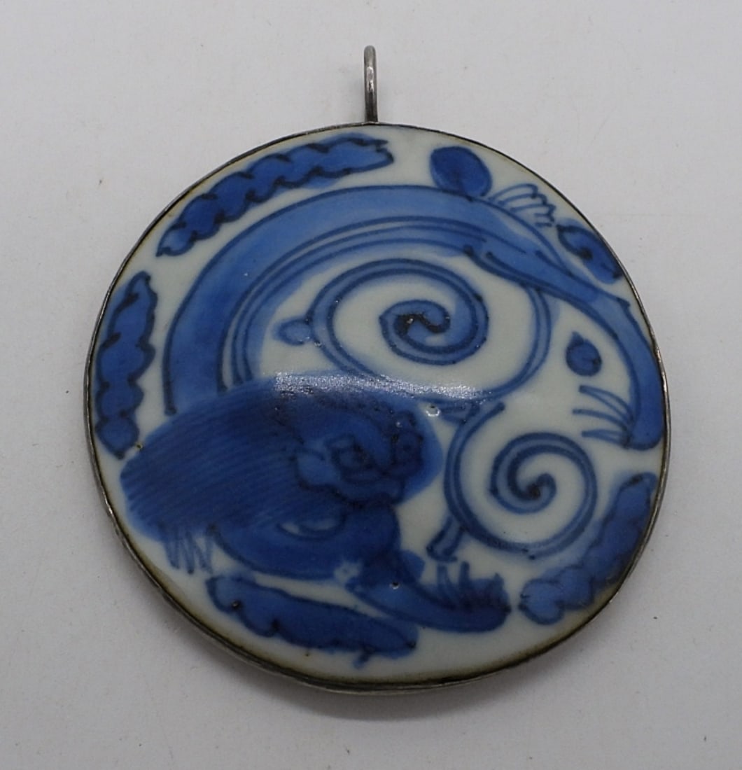 Blue & White Porcelain Sterling Pendant: Large blue and white porcelain pendant in sterling, 3". Only marked "Sterling". (8 dwt)