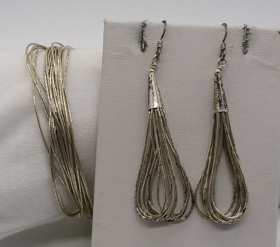 Liquid Sterling Bracelet and Earrings: Liquid sterling bracelet, 7" long. Matching sterling liquid sterling pierced earrings, 2.5" long. (7.3 dwt)